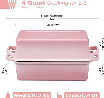 VORRINGARD Enameled Cast Iron Loaf Pan with Lid, Double Bread pan, Bread Dutch Oven for Sourdough Bread Baking, Cake, Meatloaf, 10X5.5 inch, 4 Quart, Pink