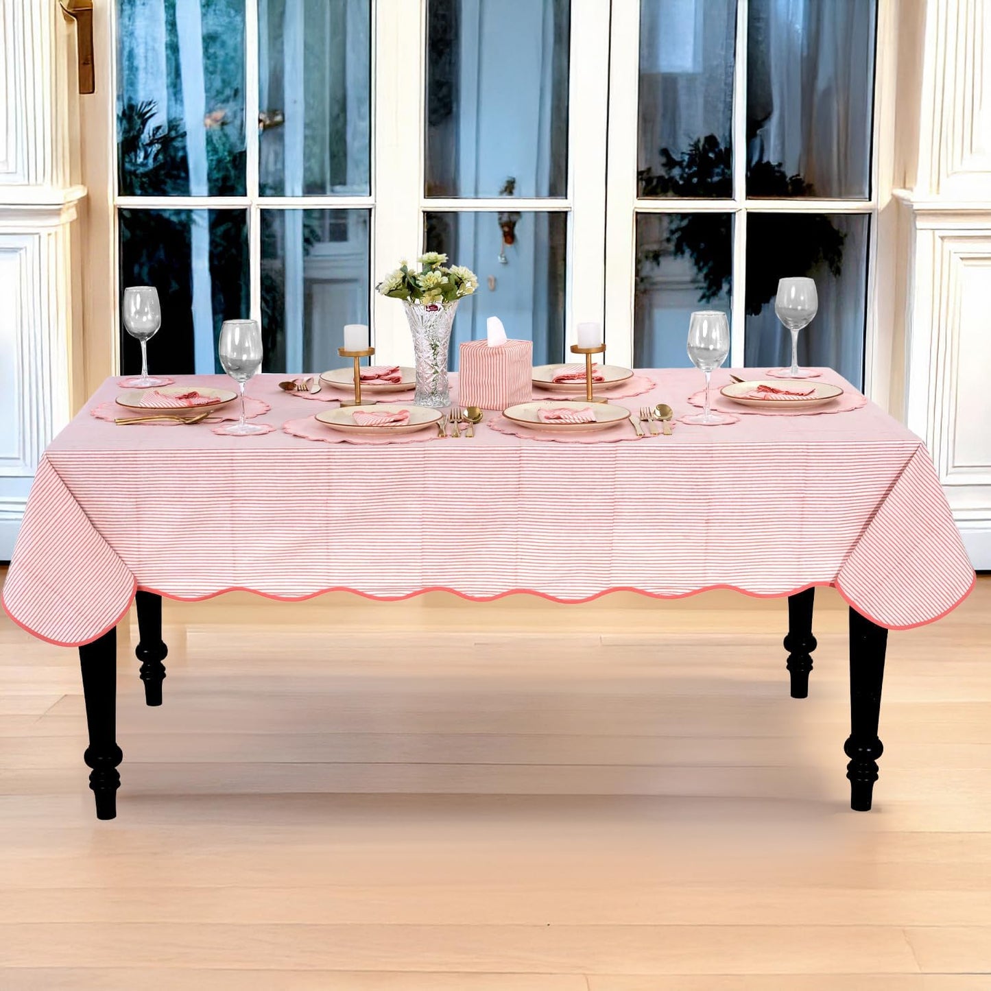 Ridhi Blush Coral Stripe Block Print 60x60 Square Tablecloth Table Cover for Dining Tables, Handcrafted Farmhouse Kitchen Decor, Washable, Decorative Tablecloths for Spring, Easter, Valentine