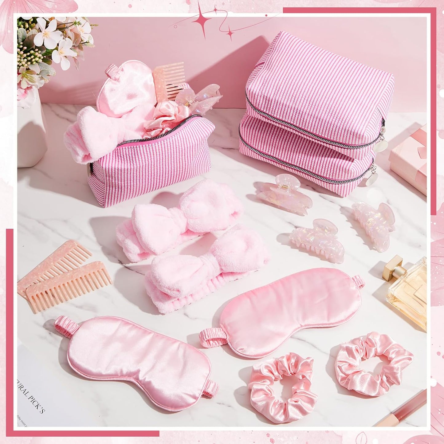 Kacctyen Pink 36 Pcs 6 Set Bridesmaid Proposal Gift, Bridal Party Gift, Cosmetic Bag Sleep Mask Scrunchie Headband Hair Claw Clip & Comb for for Wedding Shower & Bachelorette Party Favor (Strip)