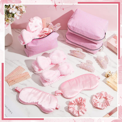 Kacctyen Pink 36 Pcs 6 Set Bridesmaid Proposal Gift, Bridal Party Gift, Cosmetic Bag Sleep Mask Scrunchie Headband Hair Claw Clip & Comb for for Wedding Shower & Bachelorette Party Favor (Strip)