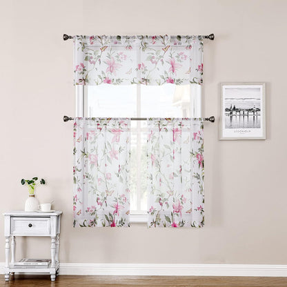 Tollpiz Floral Sheer Curtain Valance Pink Cherry Flower Butterfly Print Living Room Valance Curtains Rod Pocket Voile White Sheer Curtain Valances for Bedroom, 54 x 16 inches Long, Set of 1 Panel