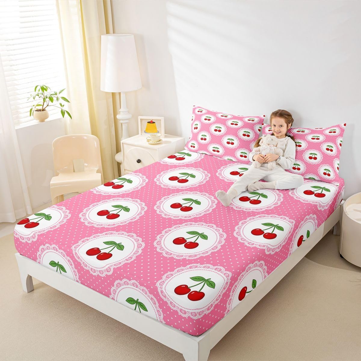 Manfei Cute Cherry 3pc Bedding Set Polka Dots Fruits Deep Pocket Bed Cover for Kids Boys Girls Princess Style Sheet Set(Queen Flat & Fitted Sheet with 2 Pillow Cases),Peach Pink