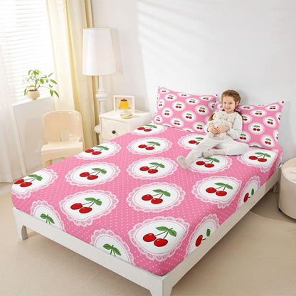 Manfei Cute Cherry 3pc Bedding Set Polka Dots Fruits Deep Pocket Bed Cover for Kids Boys Girls Princess Style Sheet Set(Queen Flat & Fitted Sheet with 2 Pillow Cases),Peach Pink