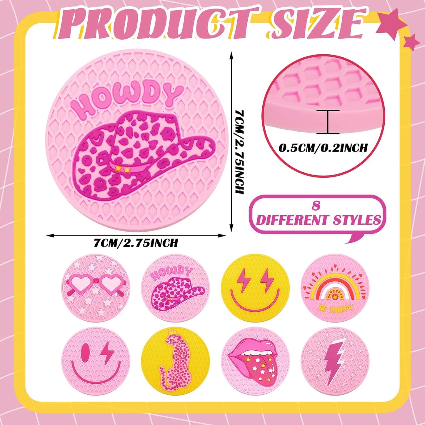 Lallisa 8 Pcs Pink Car Coasters Preppy Cup Holder Coasters Preppy Car Accessories Pink Leopard Smile Face Cup Holder Anti Slip Heat Silicone Mugs Mat for Woman Auto Home Office Table 2.8''