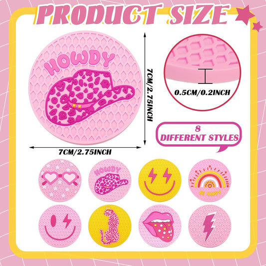 Lallisa 8 Pcs Pink Car Coasters Preppy Cup Holder Coasters Preppy Car Accessories Pink Leopard Smile Face Cup Holder Anti Slip Heat Silicone Mugs Mat for Woman Auto Home Office Table 2.8''