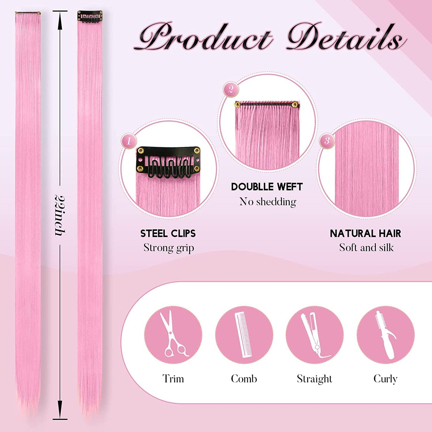 FESHFEN Colored Clip in Hair Extensions - 10 PCS Pink Highlighted Hair Piece Straight Synthetic Clip in Hairpieces for Women 22 inch