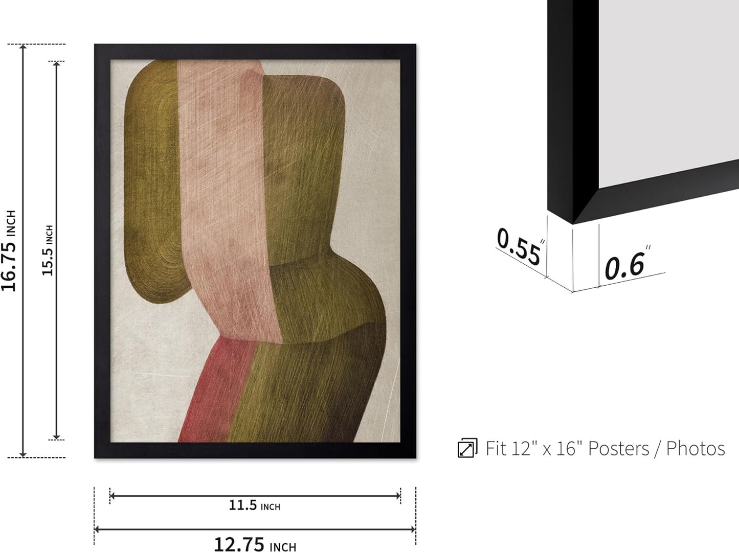 Monem Art Abstract Geometric Form Painting Print - Organic Green and Peach Art Poster - Wall Decor for Living Room, Bedroom or Office - 12x16 Black Framed Wall Art by Alma