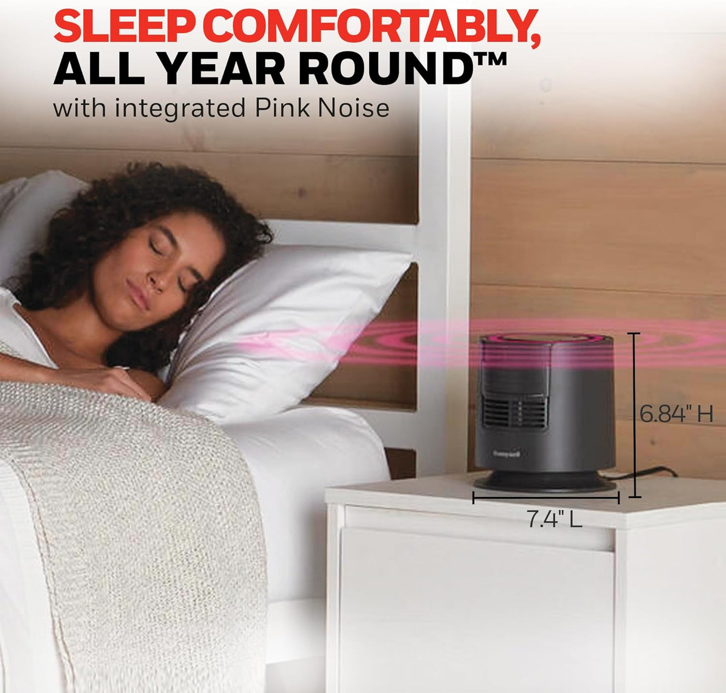 Honeywell QuietSet™ Personal Sleep Fan Noise Machine with Pink Noise, 3 Speeds, Adjustable Head, Nightstand and Bedside Fan, Black, HTF300B