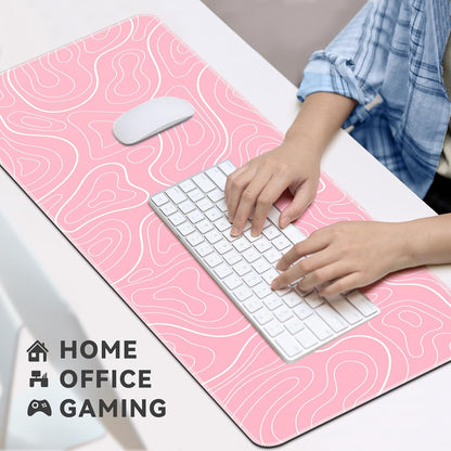 Gaming Mouse Pad Big Mousepad with Non-Slip Rubber Base, 31.5 x 11.8 in XL Large Desk Mat for Gaming Home Office, Long Keyboard Pad Mouse Mat for Computer with Stitched Edges, Pink Topographic