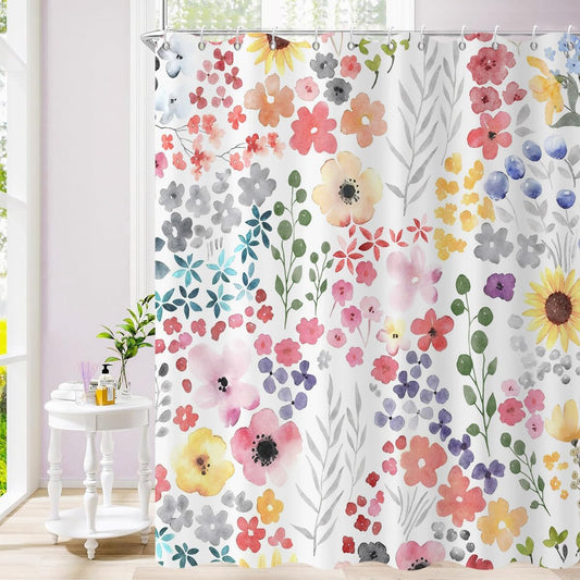 Pink Floral Shower Curtain, Spring Cute Colorful Watercolor Wildflowers Botanical Plants Bathroom Curtain Home Bathtub Decor Waterproof Fabric Machine Washable with 12 Hooks,72" Wx72 L