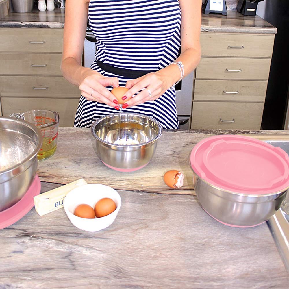 Stainless Steel Mixing Bowls with Lids and Non Slip Bases (Set of 3, Pink)