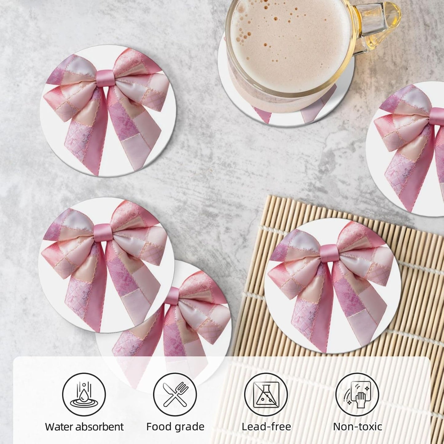 Light Pink Bow Balloon Patchwork Embroidery Ceramic Coasters with Holder Set of 6 Coffee Cup Drink Coasters