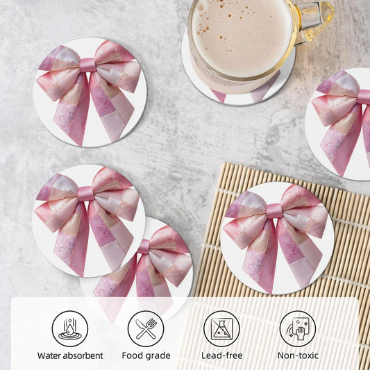 Light Pink Bow Balloon Patchwork Embroidery Ceramic Coasters with Holder Set of 6 Coffee Cup Drink Coasters