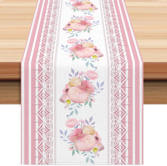 Pink Striped Printed Lace Floral Spring Table Runner, 13x72 Inch | Seasonal Summer Kitchen Dining Table Decoration for Holiday Home Dining Style Table Party Decoration