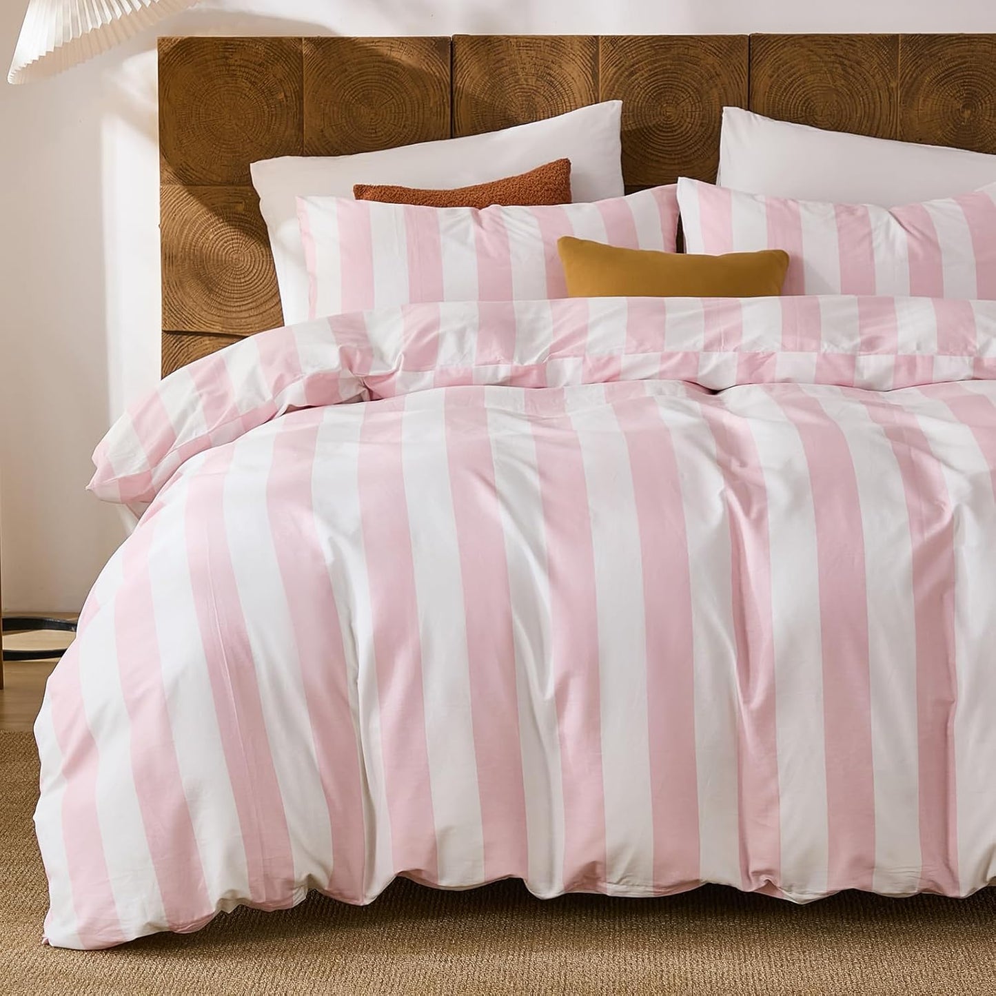 Merryword Pink and White Striped Duvet Cover Set King Size, 100% Cotton Bedding Set with Zipper Closure & 8 Corner Ties, Luxury Linen Like Bedding, Soft Breathable Comforter Cover for All Seasons