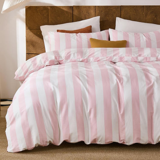 Merryword Pink and White Striped Duvet Cover Set King Size, 100% Cotton Bedding Set with Zipper Closure & 8 Corner Ties, Luxury Linen Like Bedding, Soft Breathable Comforter Cover for All Seasons