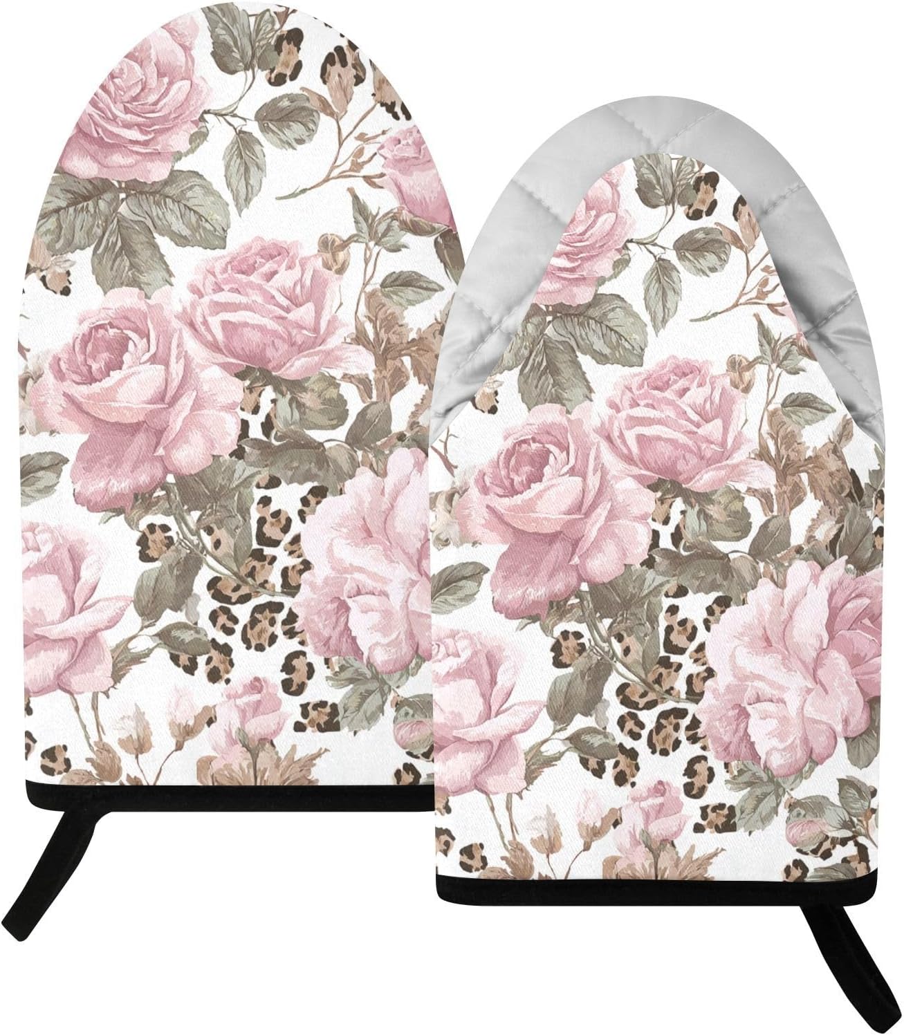 Oven Mitt 2 Pack Set Leopard Print Pink Rose Kitchen Mitts Gloves for for Cooking Baking Grilling