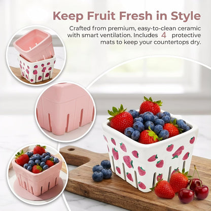 Pumtus 4 Pack Ceramic Berry Baskets, 4.7" Square Fruit Bowl with Holes & Pads, Pink White Fridge Berry Container, Decorative Strawberry Grape Cherry Colander, Fruit Crate Holder for Gift Kitchen