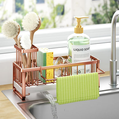 HapiRm Sponge Holder for Kitchen Sink - Self-draining Sink Caddy with Brush and Dishcloth Holders, Stainless Steel Kitchen Organizer for Countertop - Rose Gold