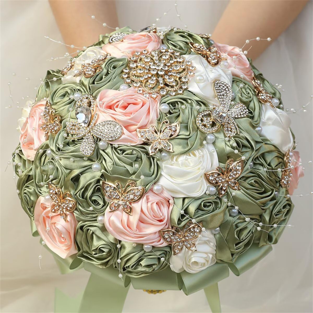 Handmade Rhinestone Bridal Bouquet for Wedding Round Tossing Bouquet Artificial Flower Bunch for Bride Bridesmaid (Sage+Ivory+Peach Pink, Small (Dia. 7.5"/18cm))