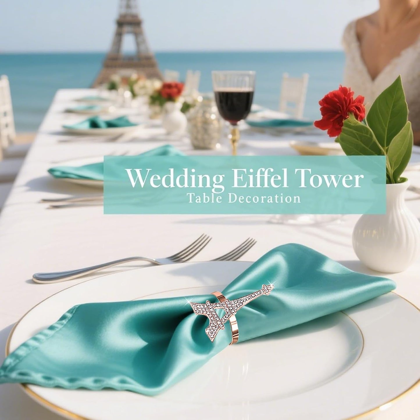 Rose Gold Eiffel Tower Napkin Rings Set of 6 Western Paris Napkin Rings for Valentine's Day Wedding Brithday Dining Decor,French Napkin Ring Holders for Holiday Family Party Table Setting
