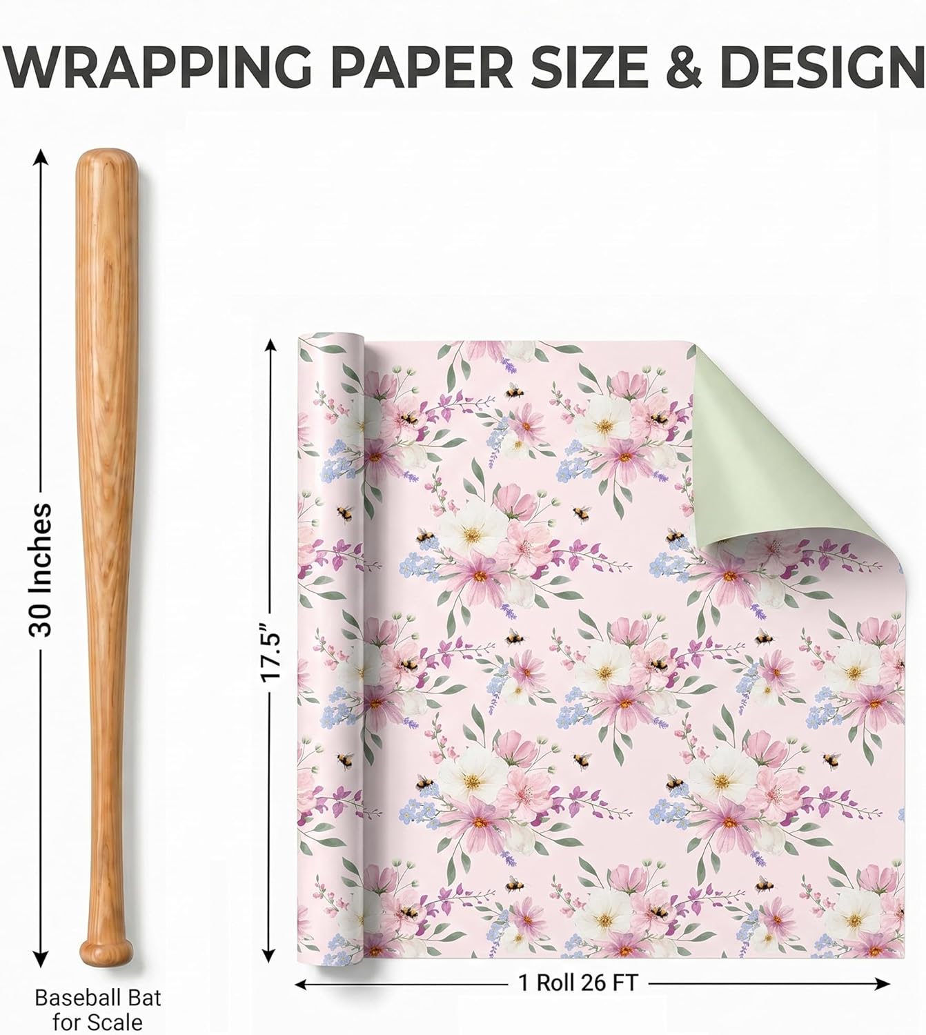 WRAPLULU Pink Floral Wedding Wrapping Paper Roll - 17.5" * 26 Ft - Romantic Gift Wrap with Soft Pastel Flowers & Solid Backside, Perfect for Wedding, Birthday, Bridal Shower, Mother's Day, Spring