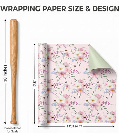 WRAPLULU Pink Floral Wedding Wrapping Paper Roll - 17.5" * 26 Ft - Romantic Gift Wrap with Soft Pastel Flowers & Solid Backside, Perfect for Wedding, Birthday, Bridal Shower, Mother's Day, Spring