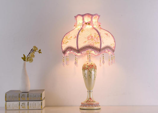 Victorian Style Table Lamp Pink Princess Lamp Handmade Lace Fabric Lampshade Traditional Resin Flower Carved Base Side Lamp for Living Room Bedroom, 13" W, 21.6" H