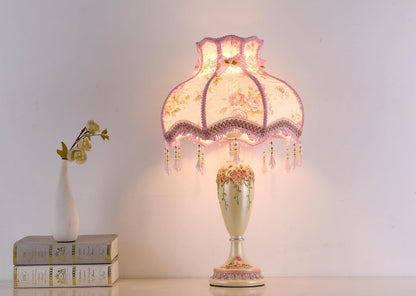 Victorian Style Table Lamp Pink Lace Fabric Lampshade Hand-Made Antique Painted Resin Lamp Body Princess Small Lamp for Living Room Bedroom,13" W, 22" H. (Q7)