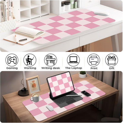 BLESWIN Large Desk Mat with PU Leather 35.4" x 15.7", Non-Slip Office Desk Pad, Waterproof Desk Writing Pad for Office and Home (Pink Plaid, 35.4 x 15.7 in)