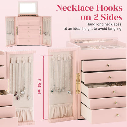 Dajasan Large Jewelry Organizer Box, 6-Tier Jewelry Storage Case with 5 Drawers, Jewelry Boxes for Women Girls with Mirror, Double Door, Textured PU Leather, Gift Idea, Stylish (Pink + Gold)