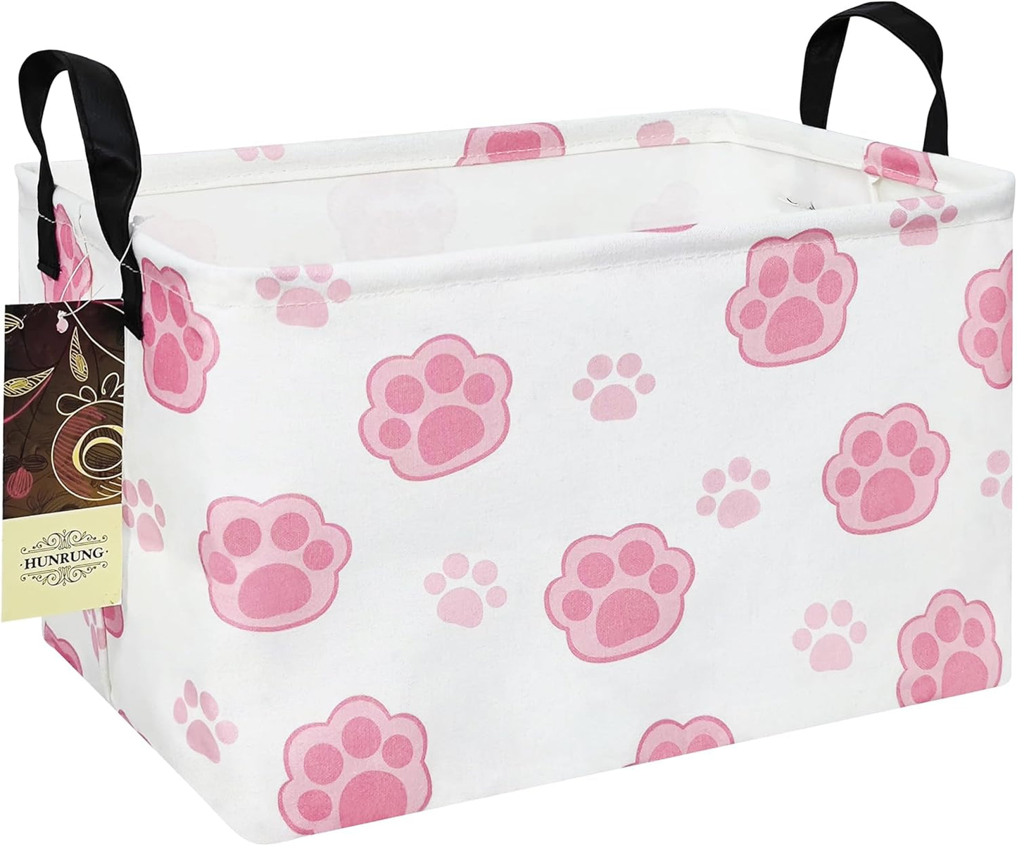Rectangle Canvas Storage Basket Foldable Waterproof Toy Organizer Bin with Handles Fabric Collapsible Storage Bins for Shelves Kids Room Playroom Nursery Clothes and Pet Supplies(REC-Pink Paw)
