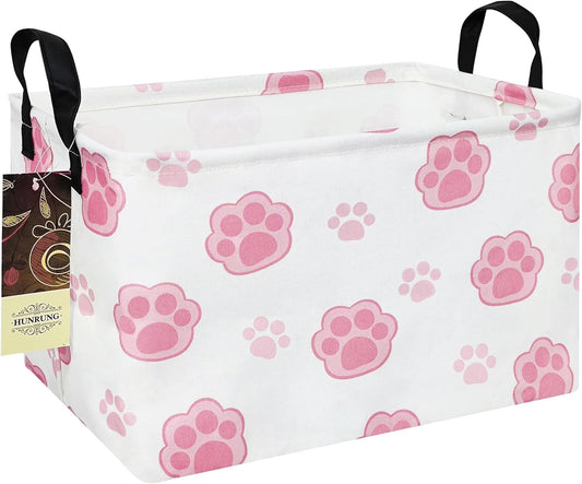 Rectangle Canvas Storage Basket Foldable Waterproof Toy Organizer Bin with Handles Fabric Collapsible Storage Bins for Shelves Kids Room Playroom Nursery Clothes and Pet Supplies(REC-Pink Paw)