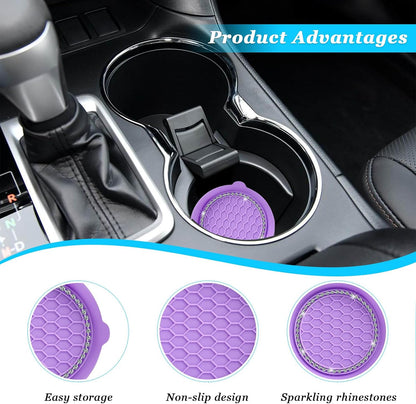 Ziciner 2 PCS Car Cup Coaster Holders, 3.15 Inch Silicone Anti-Slip Auto Insert Coaster, Crystal Rhinestone Car Drink Cup Mat, Universal Durable Auto Interior Accessories (Purple, 2Pack)