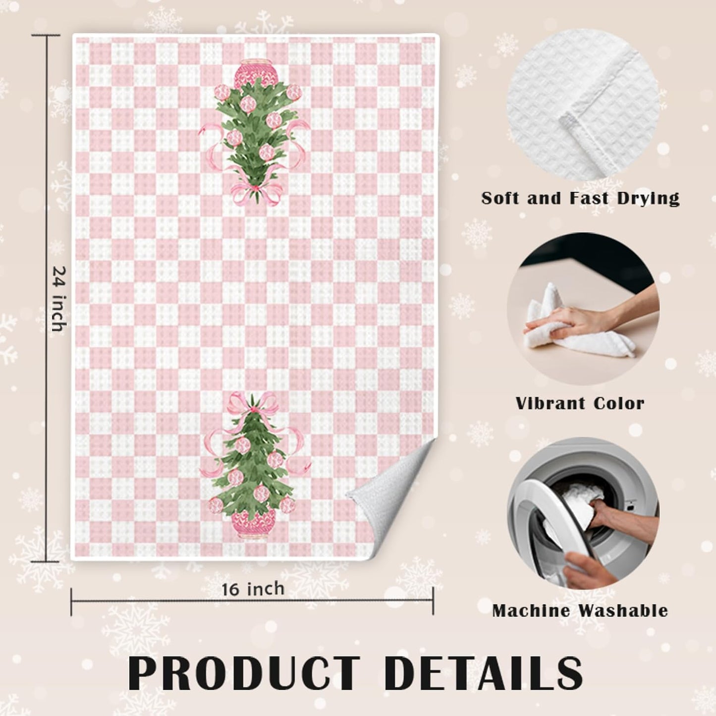 JINYO Pink Chinoiserie Christmas Kitchen Towels Set of 2, Coquette Pink Bow Preppy Christmas Tree Decorative Hand Towels for Bathroom Kitchen, Grandmillennial Checkered Xmas Dish Tea Towel, 16x24 Inch