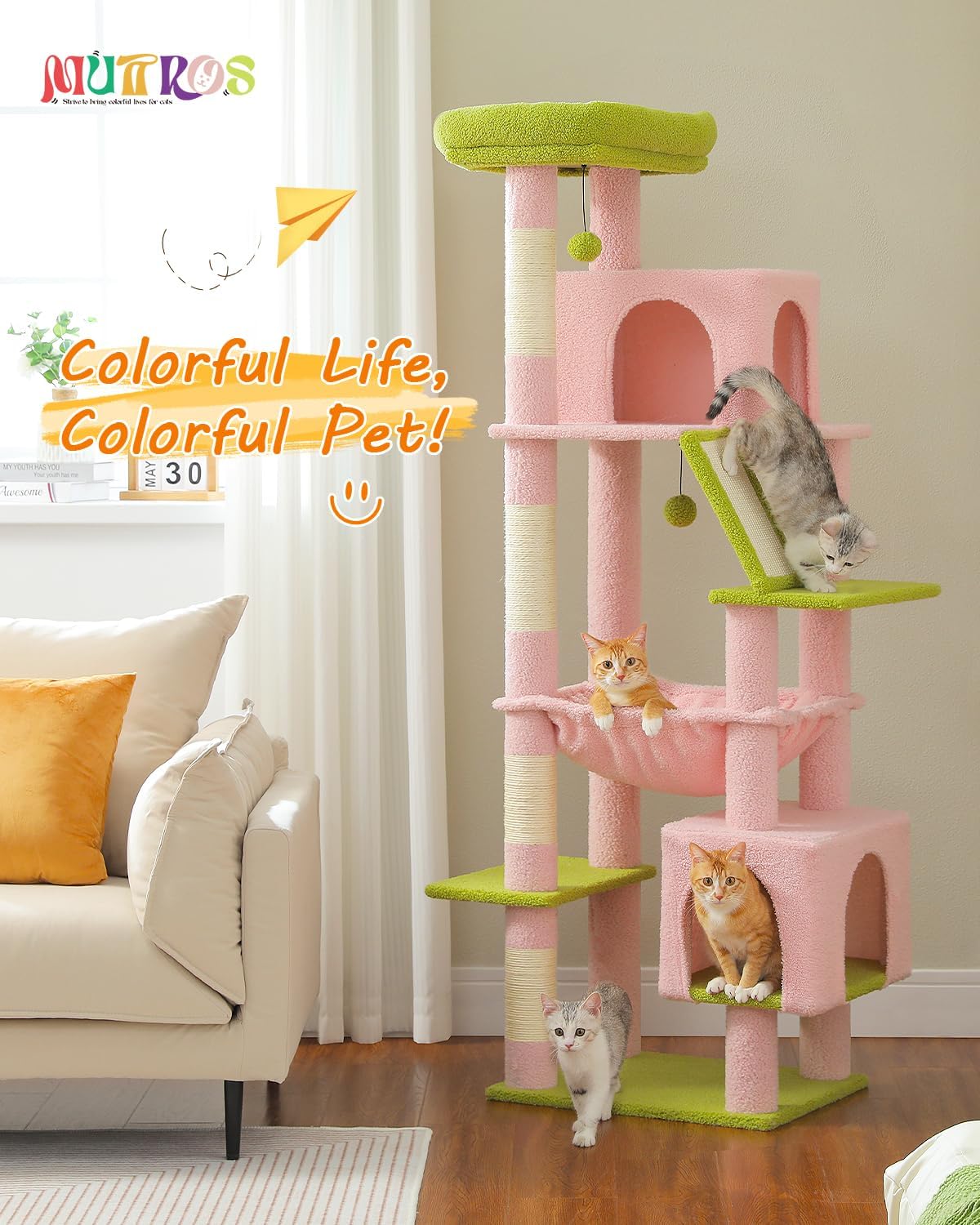 MUTTROS Pink 71" Tall Cat Tree for Large Cat 20 lbs with Super Large Hammock, Heavy Duty Cat Tower with 4 Sisal Scratching Posts & 2 Spacious Condos for Big Adult Cats Maine Coon -Green