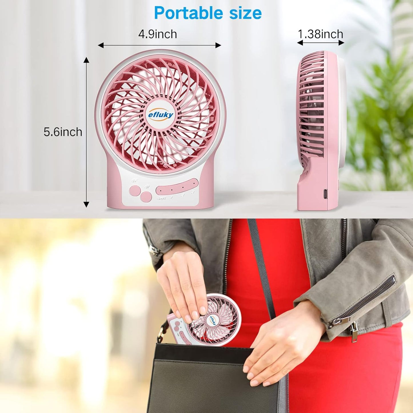 efluky 3-Speed Mini Desk Fan with LED Light, Portable USB Fan Quiet for Home, Office, Travel, Camping, Outdoor, Indoor, 4.9-Inch, Pink