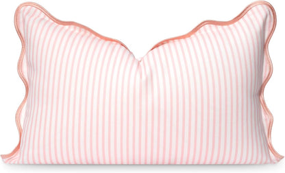 Hofdeco Premium Coastal Patio Indoor Outdoor Scalloped Lumbar Pillow Cover Only, 12"x20" Water Repellent for Backyard, Couch, Blush Pink Print Stripes