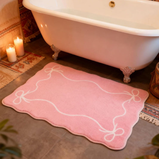 Light Pink Bow Bath Mat Cute Bathroom Rugs, Soft Absorbent Bow Carpet, Girly Bathroom Decor Rugs Non Slip & Machine Washable