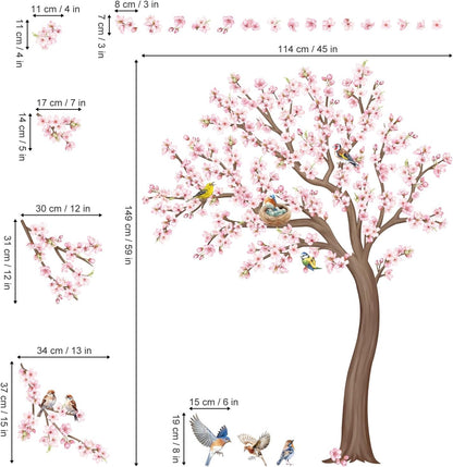 decalmile Large Cherry Blossom Tree Wall Stickers Pink Flower Birds Tree Branch Wall Decals Living Room Girls Bedroom Baby Nursery Wall Decor(H: 59 inches/150 cm)