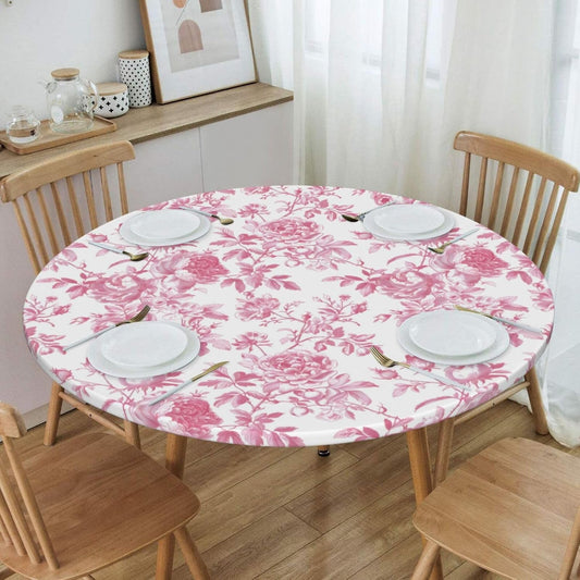 KiuLoam Vintage Pink Floral Round Tablecloth Spring Flower Table Cover with Elastic Edge Washable Fitted Table Cloth for Kitchen Patry Outdoor Decor Fits 40"-44", Small