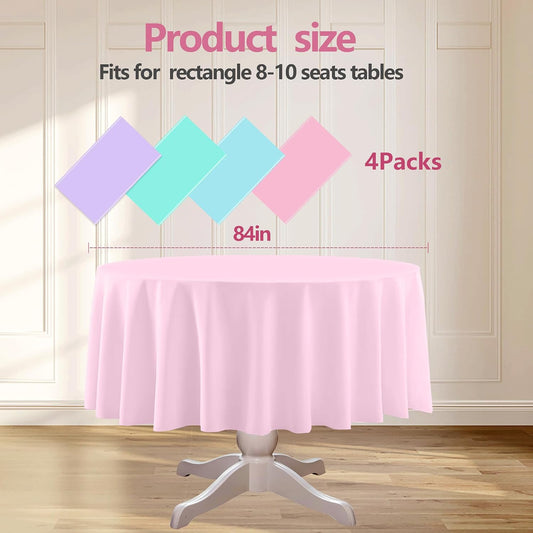 4 Pack 84 Inch Round Pastel Table Cloths for Parties,Disposable Plastic Tablecloth Table Covers for Summer Baby Shower Wedding Birthday Party Decorations (Pink Blue Green Purple)