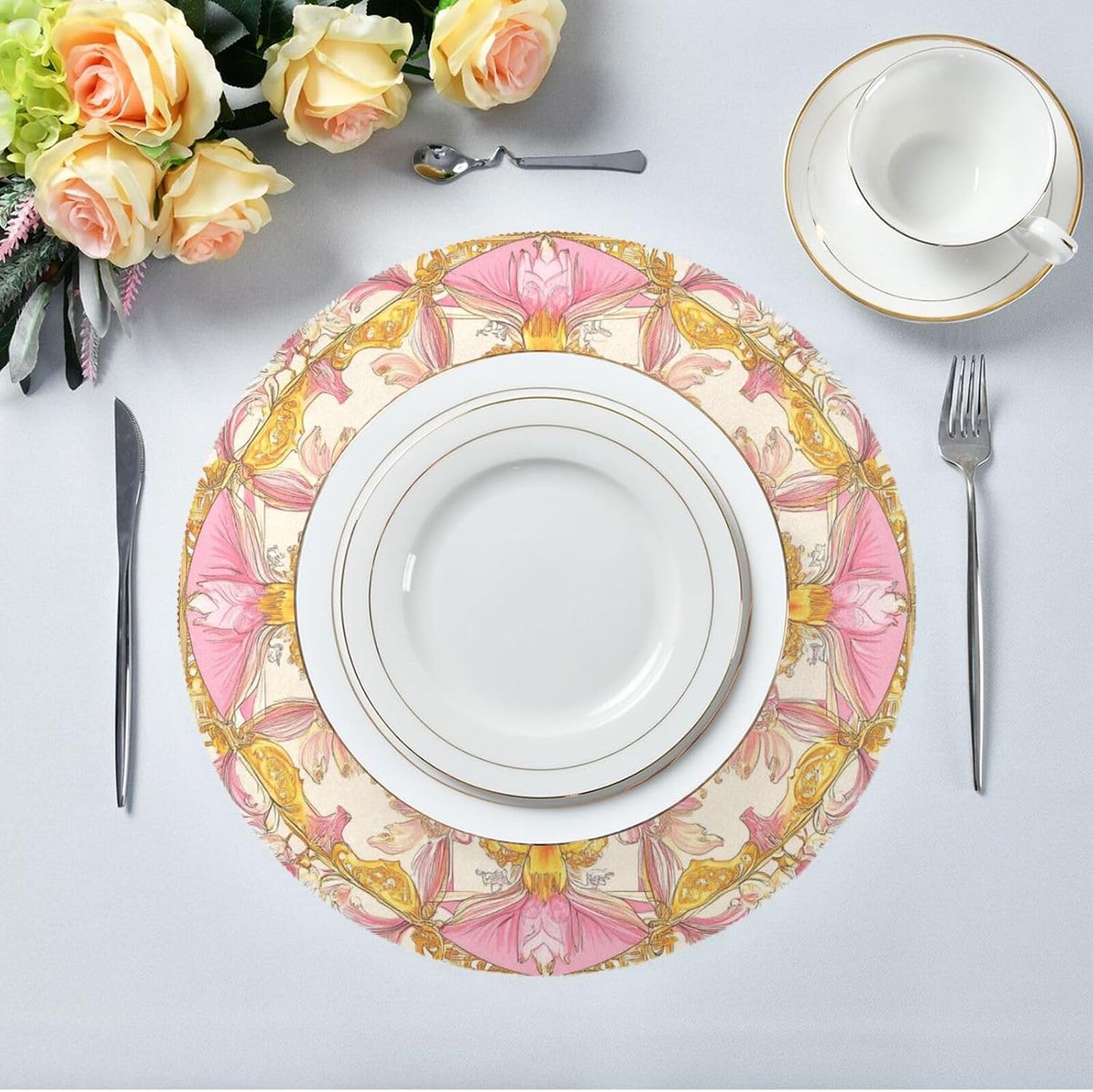 Retro Floral Pattern Gold and Peach Round placemat Reversible placemats Washable Cloth placemats Table Plate mat placemats Waterproof Set of 6 placemats for Non Slip 15.4x15.4in