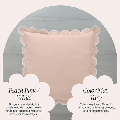 BEBE BASK Scalloped Pillow Cover - Set of 2-18 x 18 Inch - Scallop Pillow Covers – Peach Pink Scalloped Pillows - Scallop Pillows - 100% Cotton - Grandmillennial Style (Peach Pink/White)
