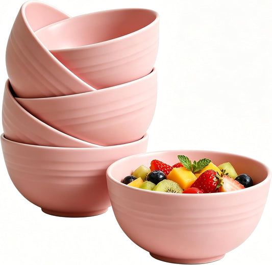 Set of 6 Wheat Straw Bowls, Unbreakable Cereal Bowls, 685ml Capacity, Microwave and Dishwasher Safe, Lightweight, Stackable Salad Bowls for the Kitchen (Pink)
