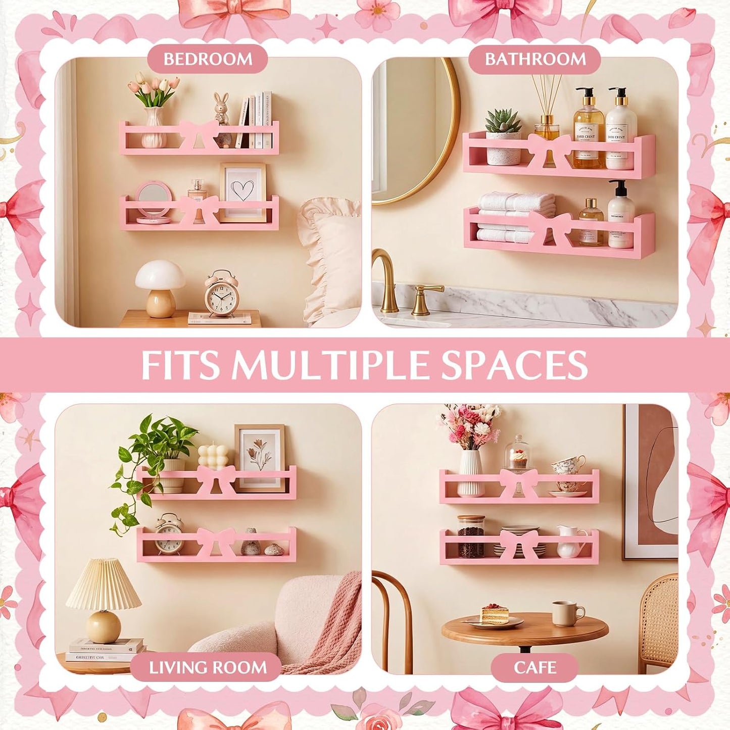 Pinkunn 2 Pcs Pink Bow Floating Wall Shelves Sweet Wooden Organizer Rack Adorable Ins Home Decor for Bedroom Bathroom Living Room Cafe Women, 16.5 x 3.9 x 3.5 Inches