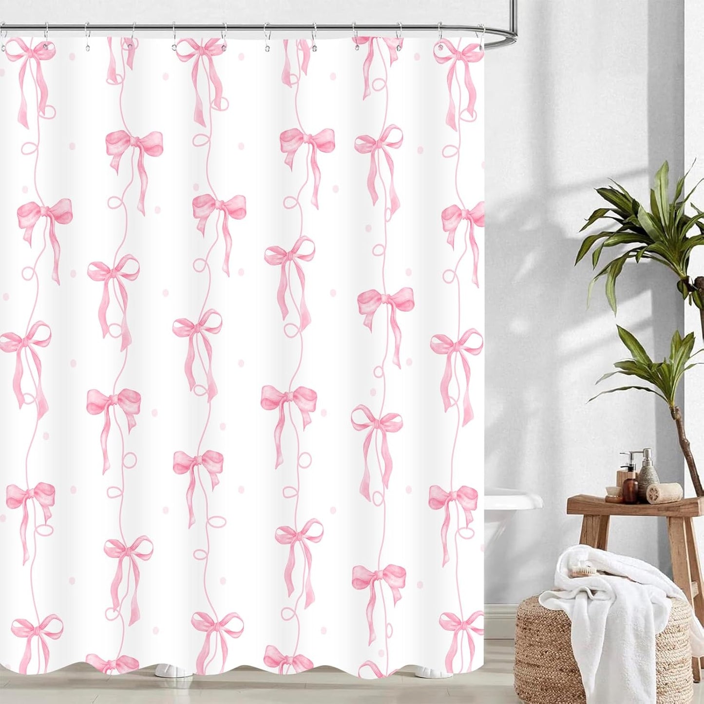 Pink Bow Shower Curtain, Girly Cute Coquette Preppy Aesthetic for Teens Girls Bathroom Decor Curtains with 12 Hooks, 72x72 inches