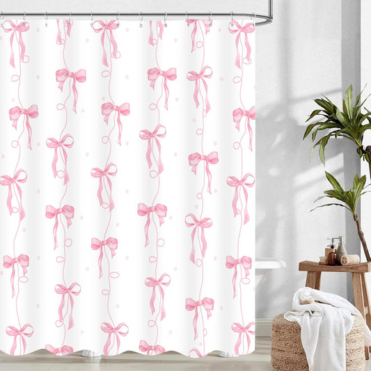 Pink Bow Shower Curtain, Girly Cute Coquette Preppy Aesthetic for Teens Girls Bathroom Decor Curtains with 12 Hooks, 72x72 inches