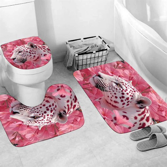 4 Pcs Pink Floral Leopard Shower Curtain Set - Whimsical Jungle Safari Animal Bathroom Decor, Waterproof Fabric Bath Curtain with Toilet Lid Cover, Non-Slip Bath Rugs, Cute Bathroom Essentials