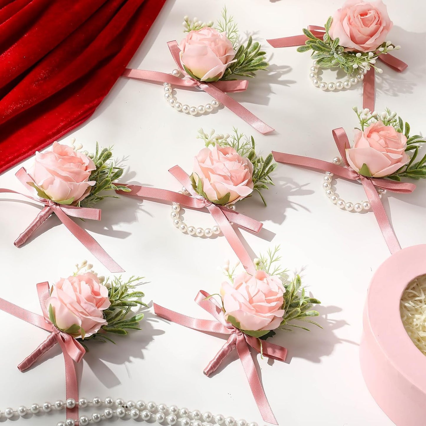 XunYee 24 Pcs Rose Wrist Corsage and Boutonniere Set, Men Corsages Wristlet Band Bracelet Artificial Prom Flower Wrist Corsage for Wedding Bride Groom Prom Suit Decorations (Pink)